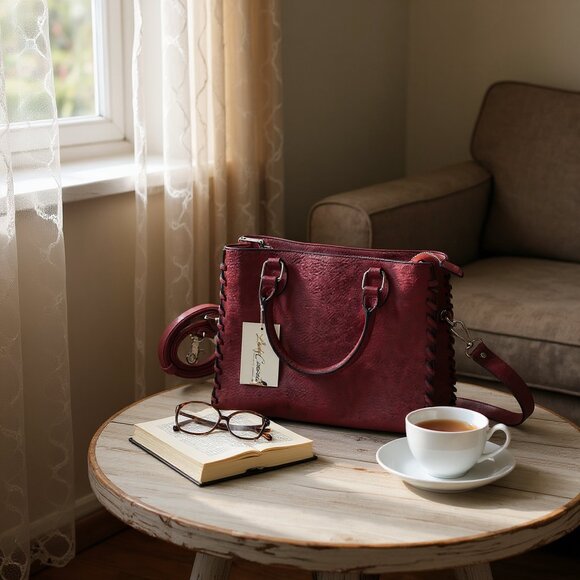 Lady Conceal Burgundy Ann Satchel Concealed Carry Leather Crossbody - Picture 9 of 9